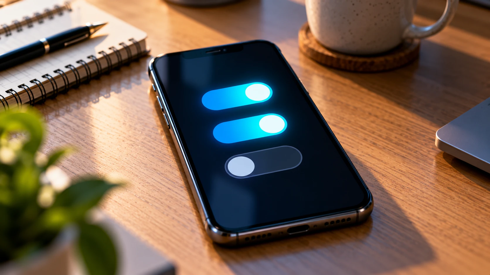 A phone on a desk with permission switches for calendar, reminders and contacts, one switched off