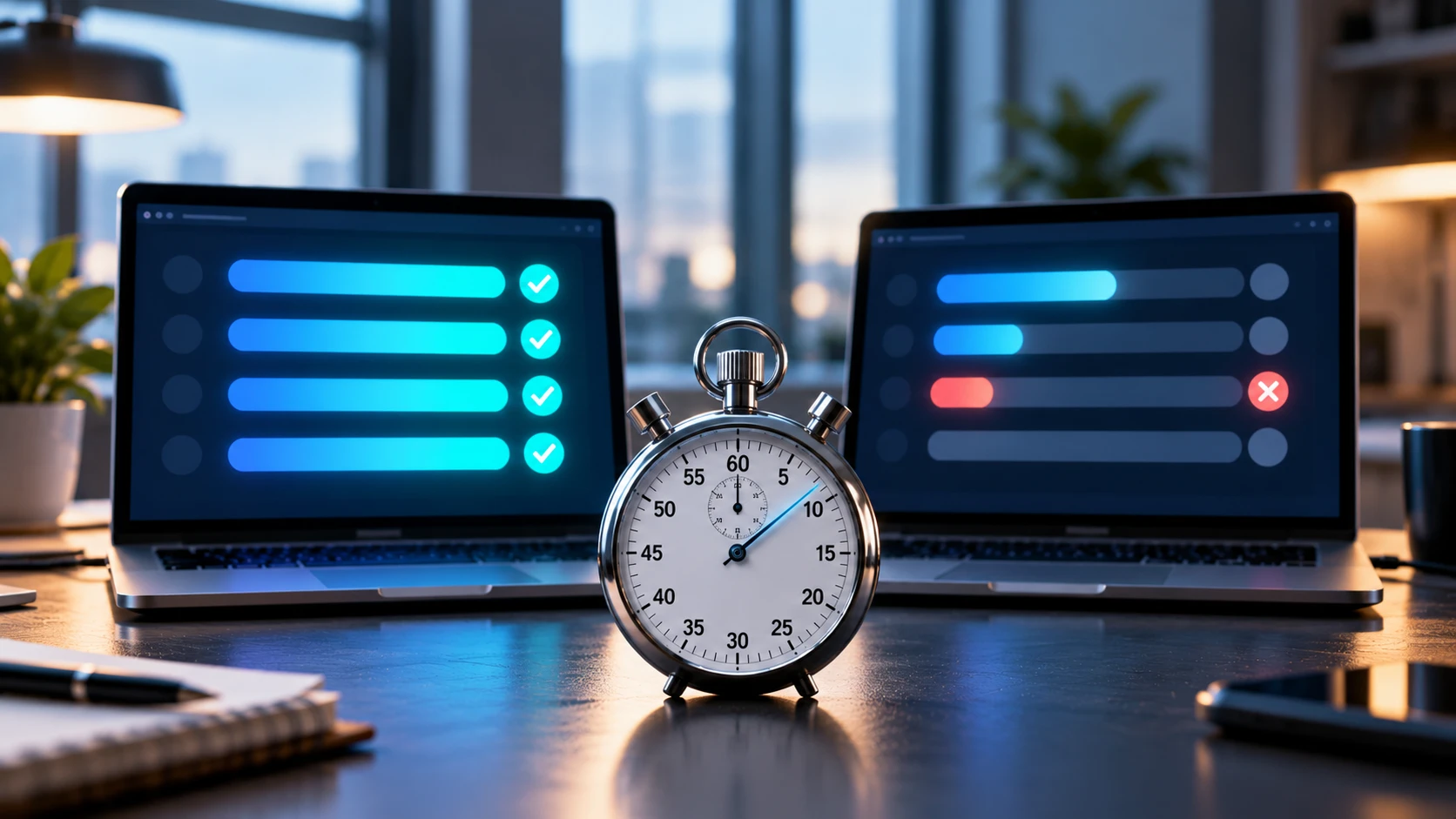 A stopwatch beside two laptops, one finishing a task checklist well ahead of the other