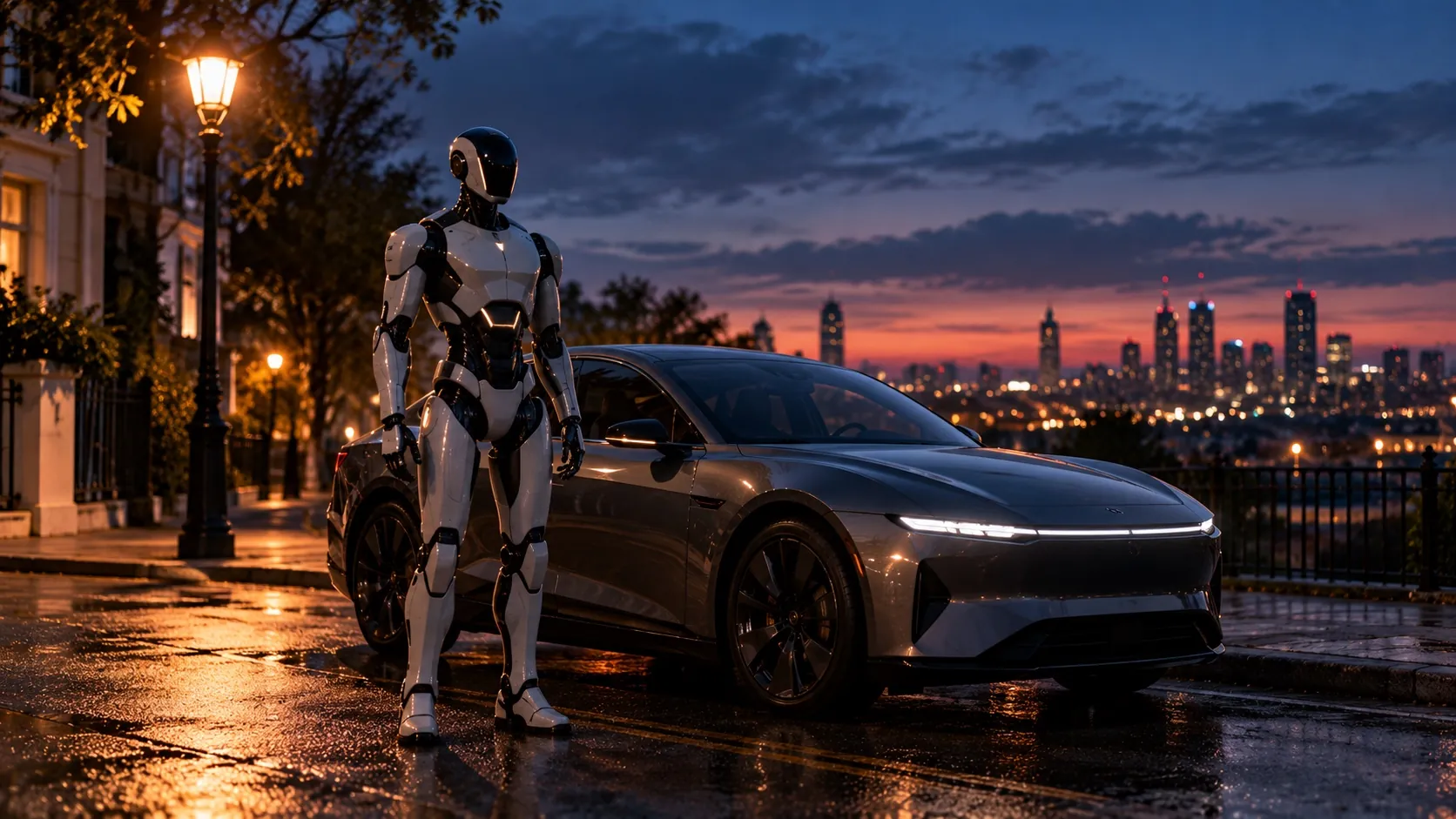 A generic white and black humanoid robot standing still beside a parked grey car on a city street at dusk, with a skyline behind