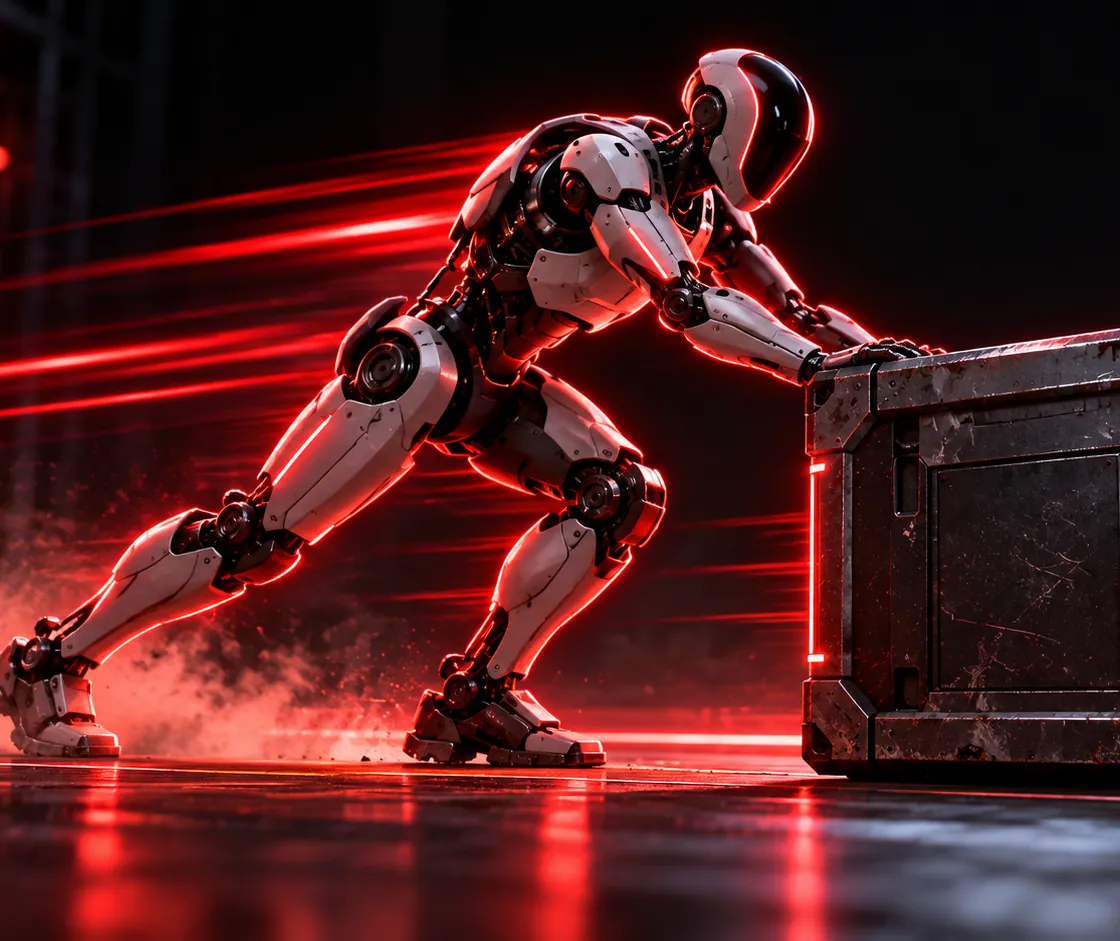 A stylised humanoid robot pushing a heavy crate across the floor, outlined in red neon on a dark background