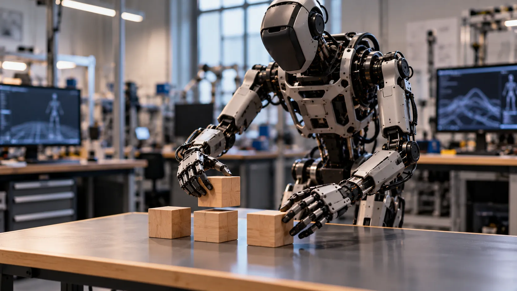 A generic humanoid robot in a university lab carefully arranging wooden blocks on a table