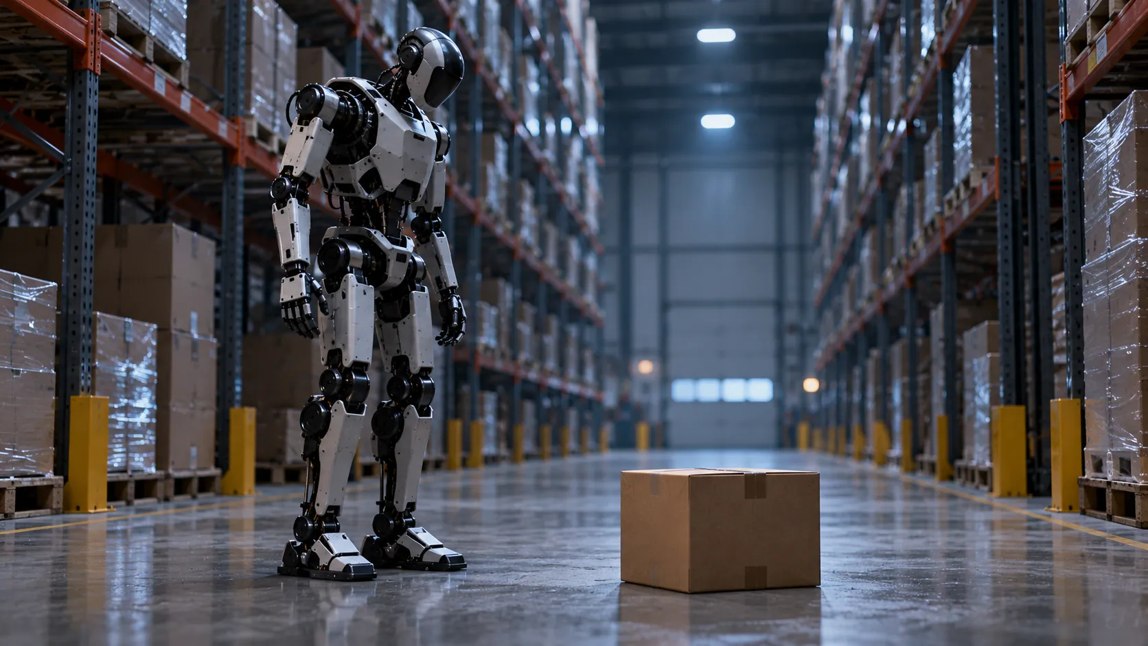 A generic humanoid robot standing in an empty warehouse aisle between tall shelves, looking at a single box