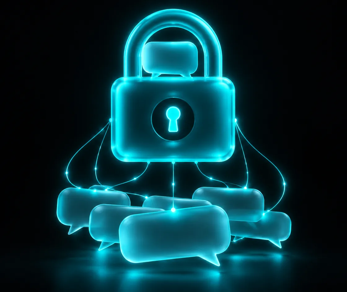A glowing padlock hovering over a stack of chat bubbles, in cyan neon on a dark background