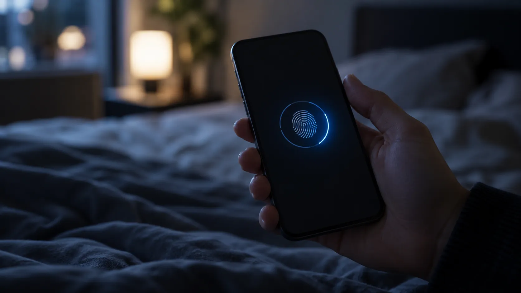 A person holding a phone in a dim room, a fingerprint prompt glowing on the screen