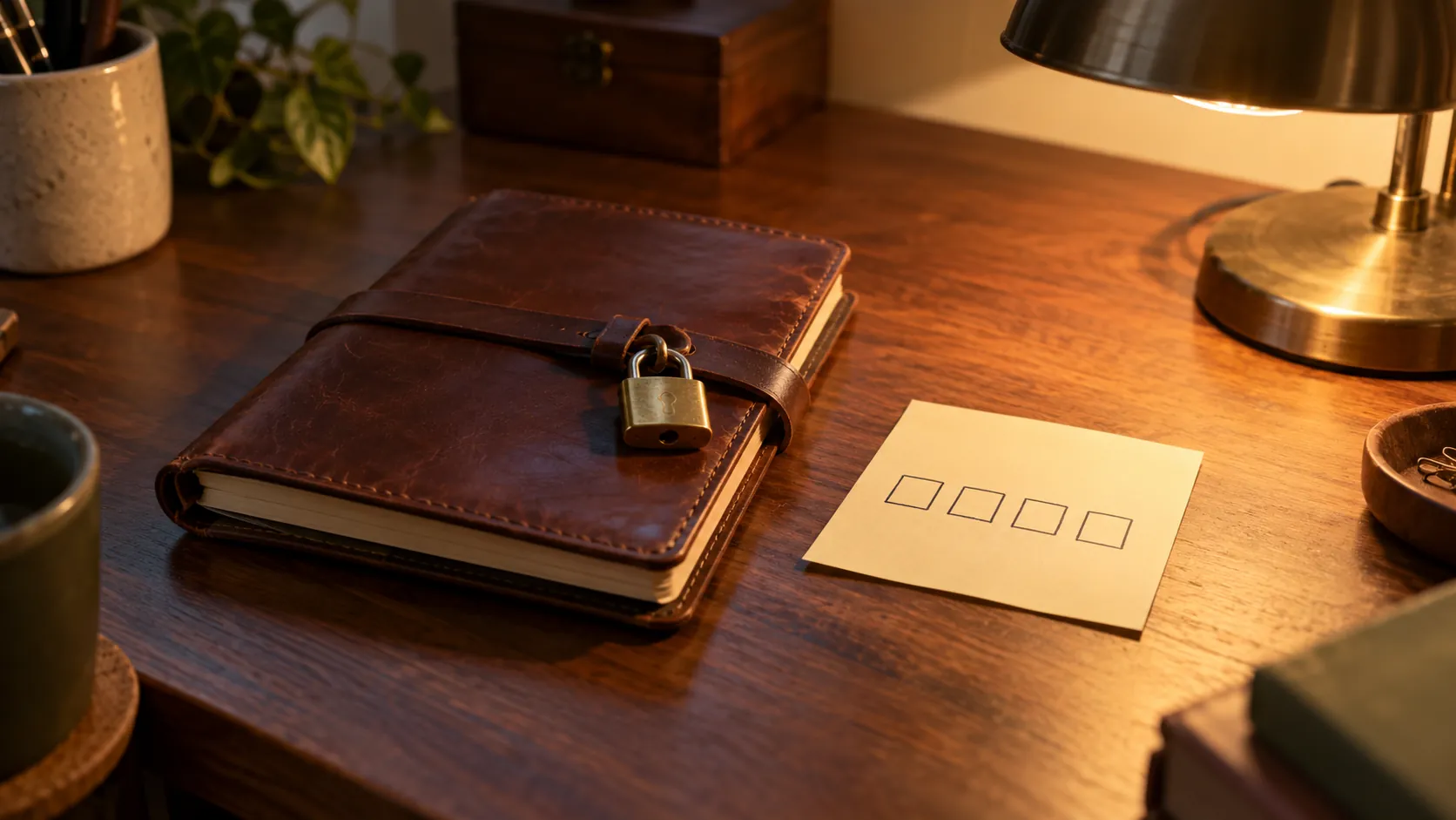 A closed notebook with a small padlock and a sticky note with four blank squares on a desk