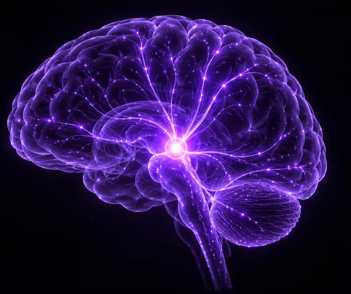 A small bright spot glowing at the centre of a translucent purple brain outline, with thin fibres fanning out in several directions