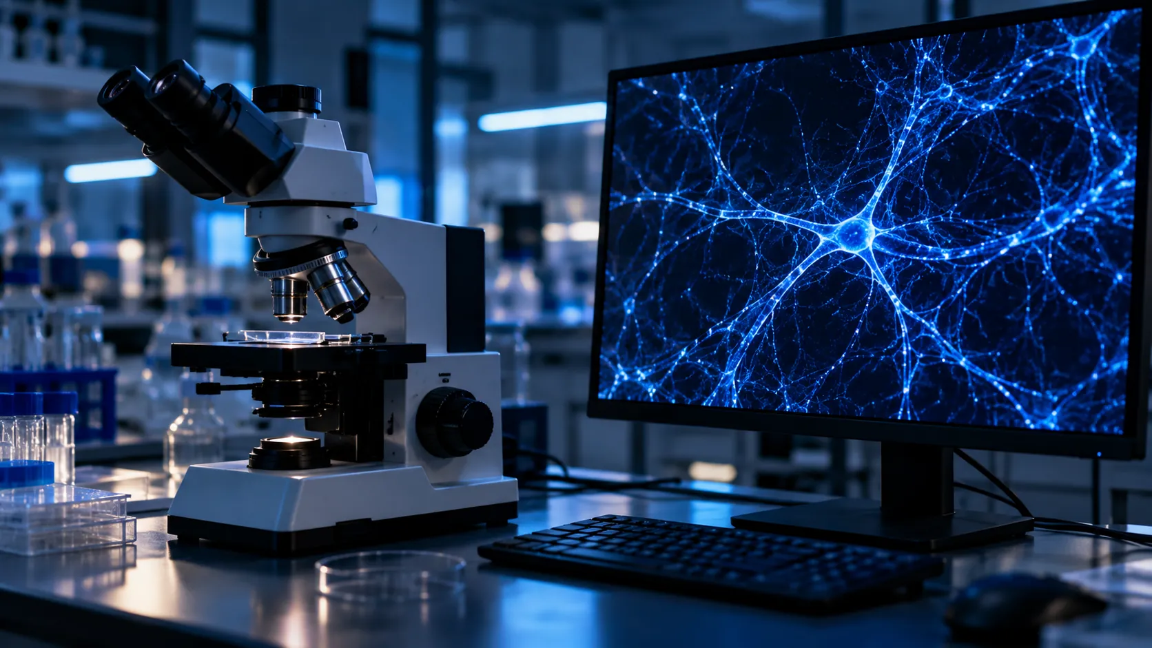 A laboratory microscope beside a monitor showing branching fibres in blue light, in a dim research room