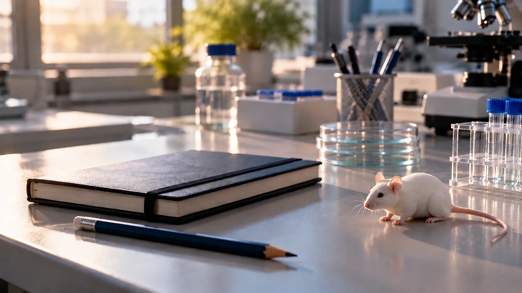 A closed notebook, a pencil and a small white laboratory mouse on a bright laboratory bench in quiet morning light