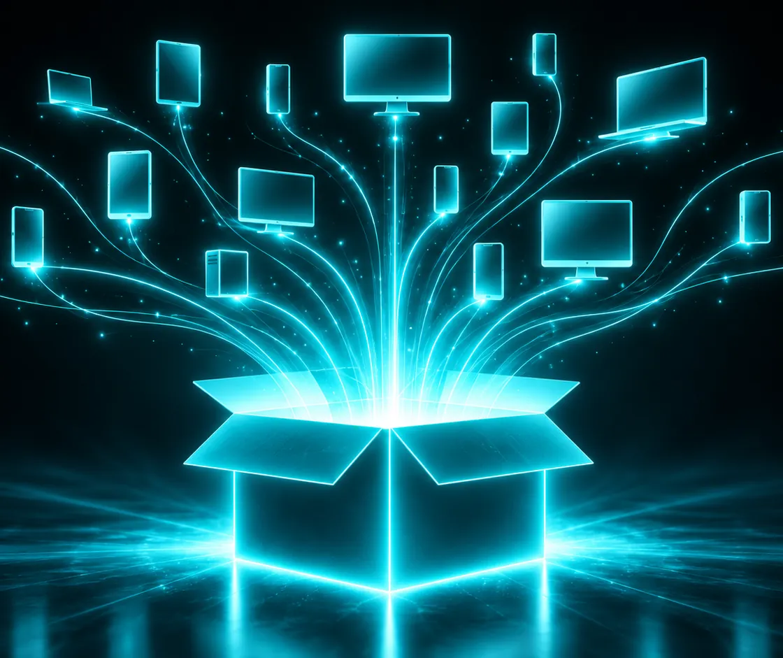 A glowing cyan box with its lid open, streams of light rising from it and spreading into a grid of small computers, on a dark background