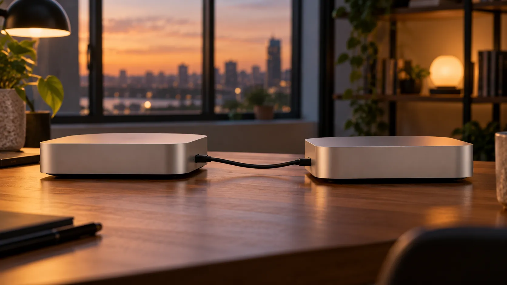 Two compact silver desktop computers side by side on a wooden desk, connected by a single cable, with soft evening light