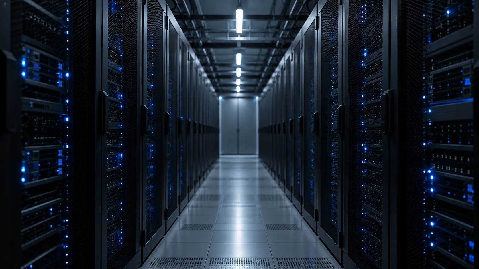 A long aisle of server racks with small blue indicator lights in a dim data centre