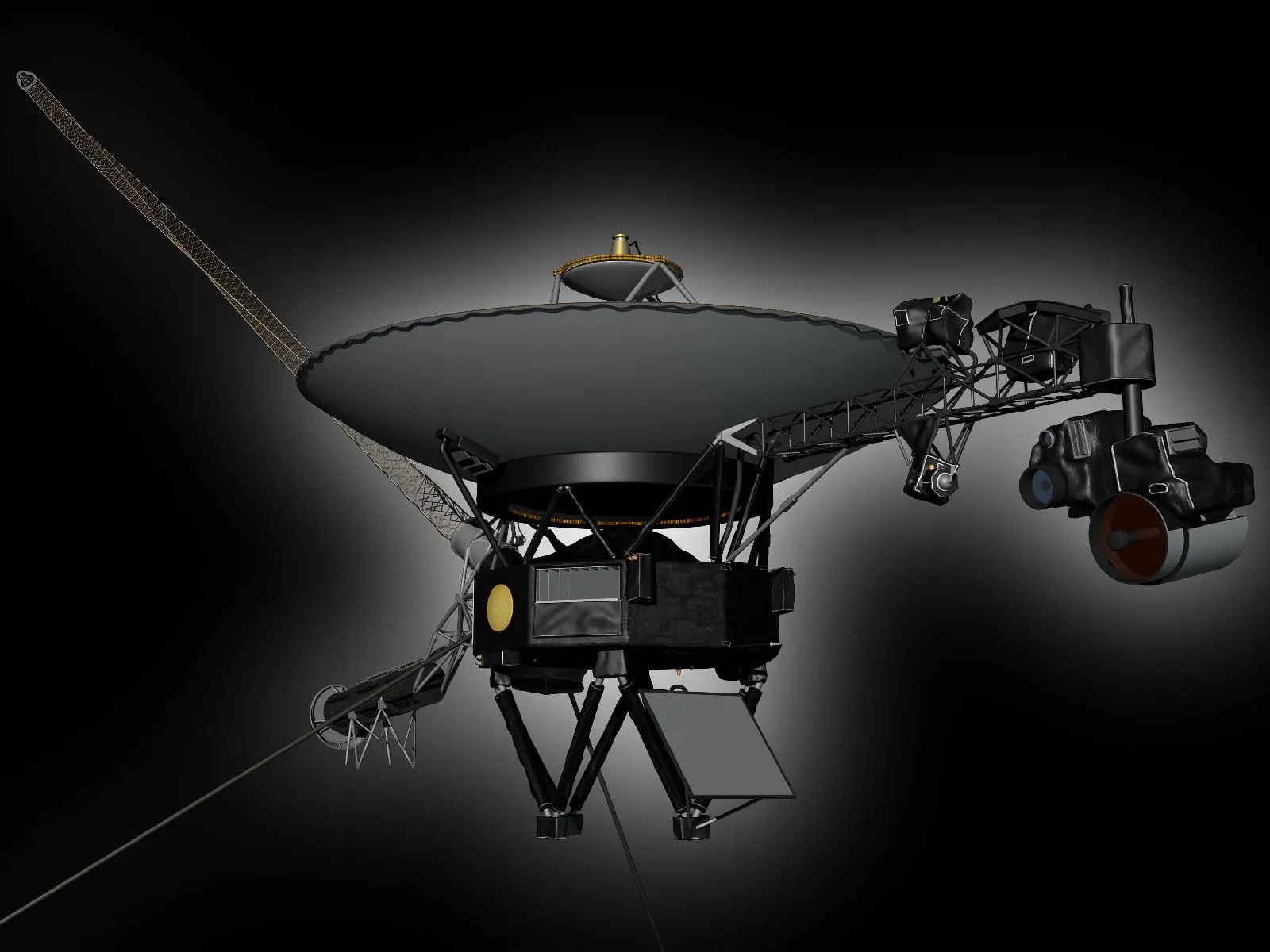 A computer-generated model of the Voyager spacecraft with its large dish antenna and long boom