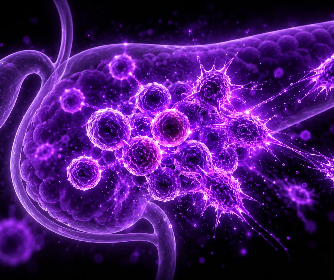 A glowing purple cluster of cells shifting from one shape to another against a dark background