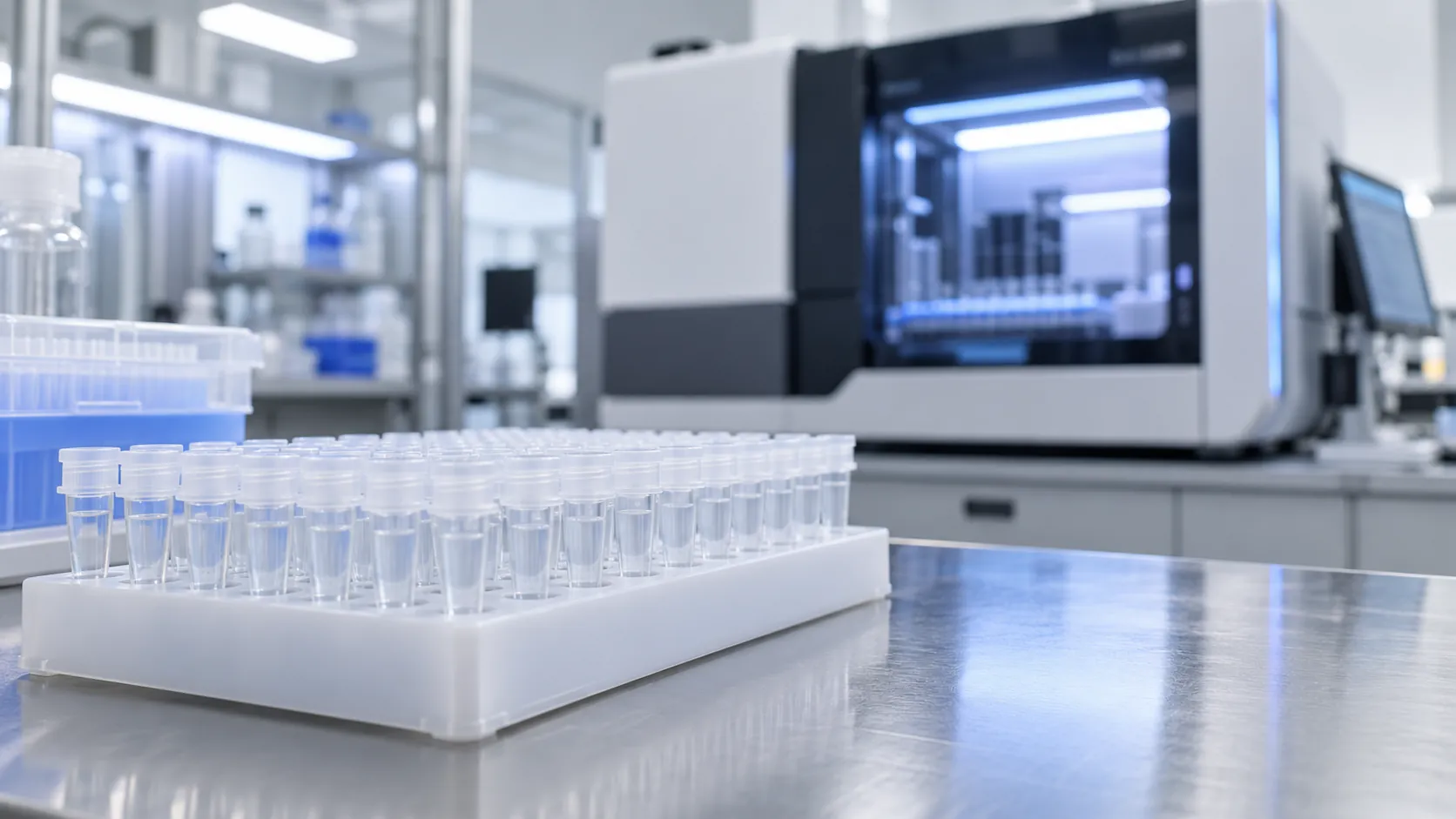 A laboratory tray of small unlabelled sample tubes on a clean steel bench under cool light
