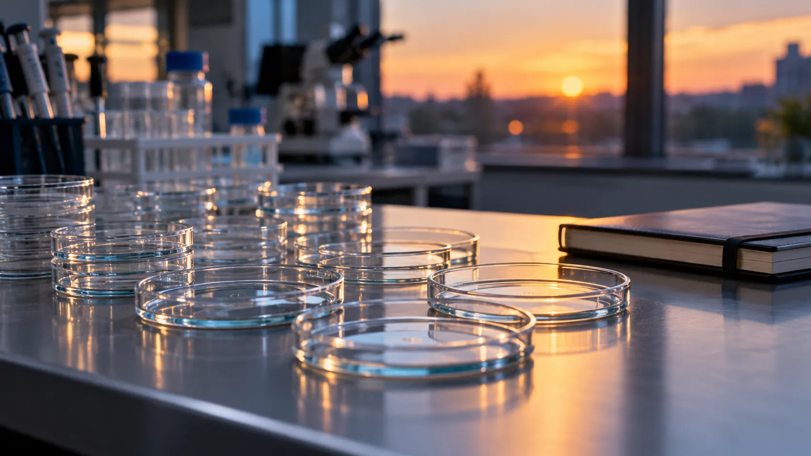 Rows of empty glass petri dishes on a laboratory bench beside a closed notebook, in soft evening light