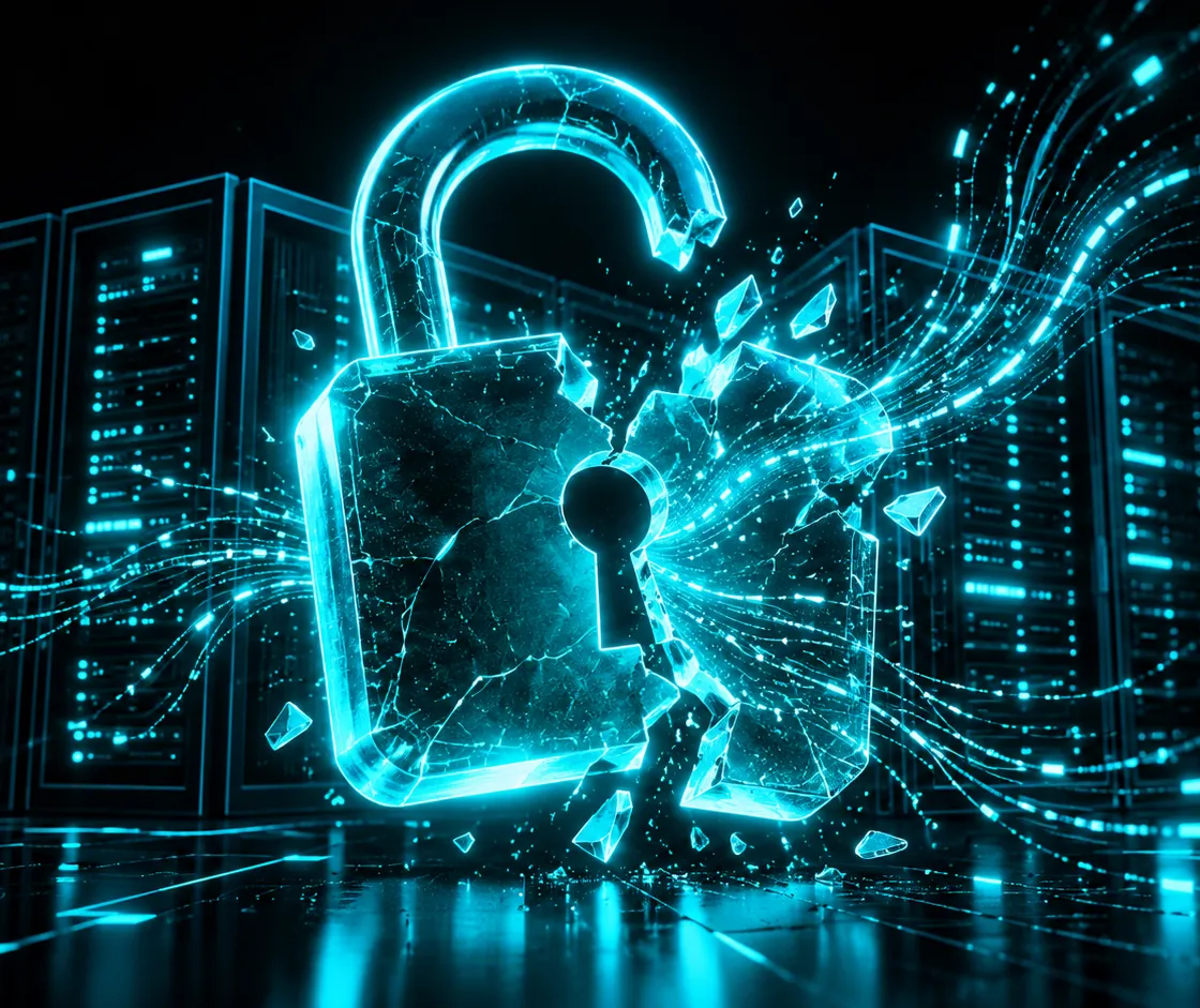 A glowing cyan padlock shattering in front of a stylised server rack, thin cyan lines of code streaming out of the crack, on a dark background