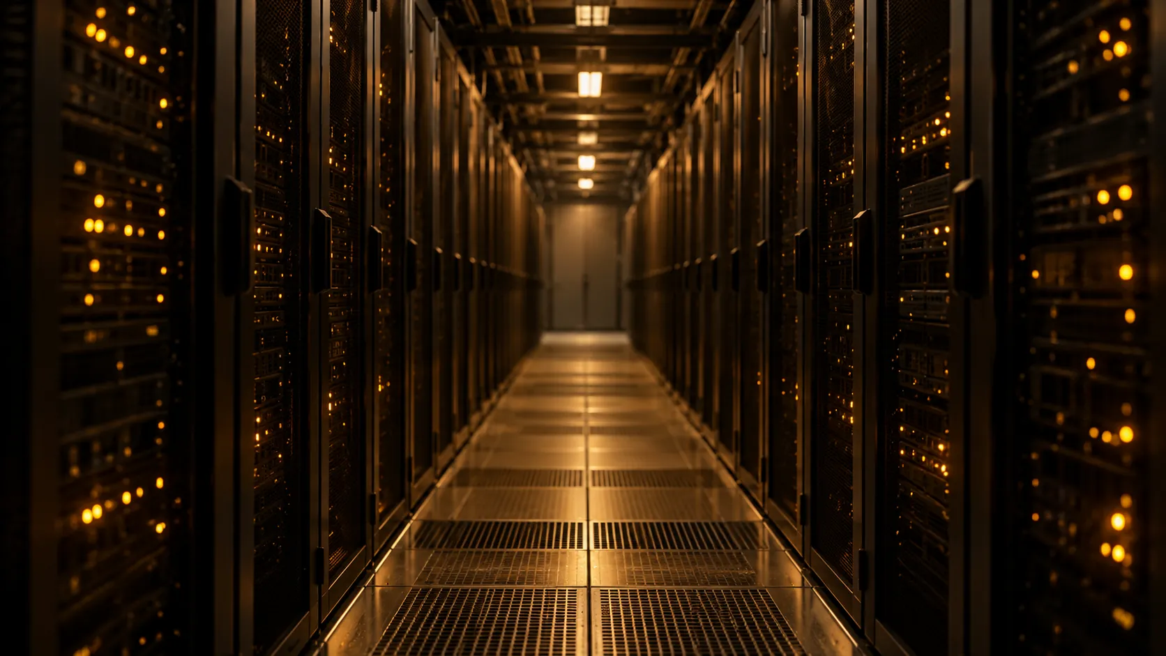 A long aisle of server racks with small amber indicator lights in a dim data centre