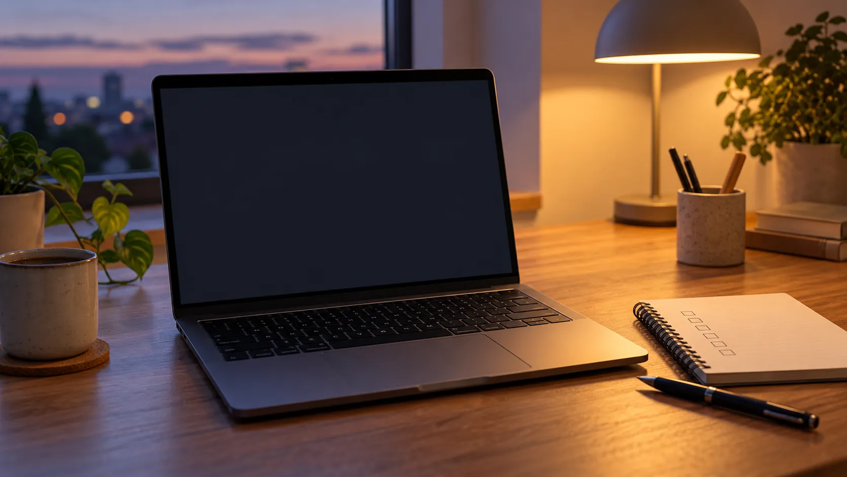 A laptop on a tidy desk showing a dark window with no readable text, a notebook with blank tick boxes beside it, in soft evening light, no people