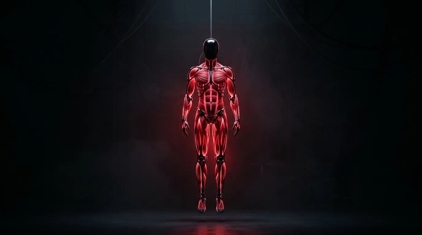 A faceless humanoid figure made of glowing red fibres hanging from a single cable in the dark
