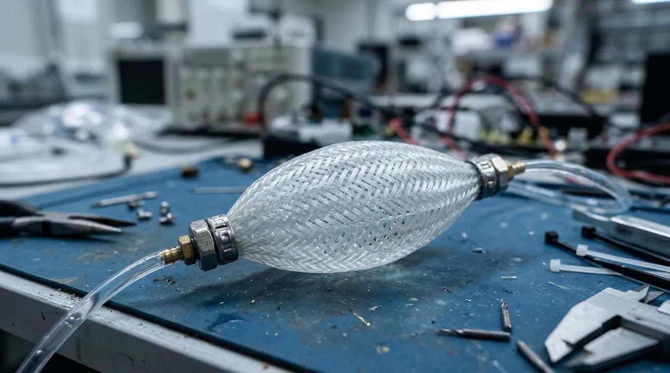 A braided mesh tube artificial muscle filled with liquid on a lab bench, with transparent hoses attached