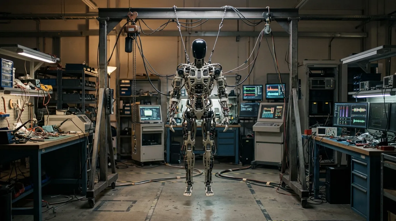 A humanoid robot prototype hanging from a steel gantry in a laboratory, its feet off the floor
