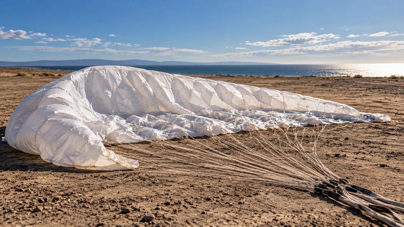 A large white parachute-style wing spread out on the ground at a dry coastal test range under a clear sky