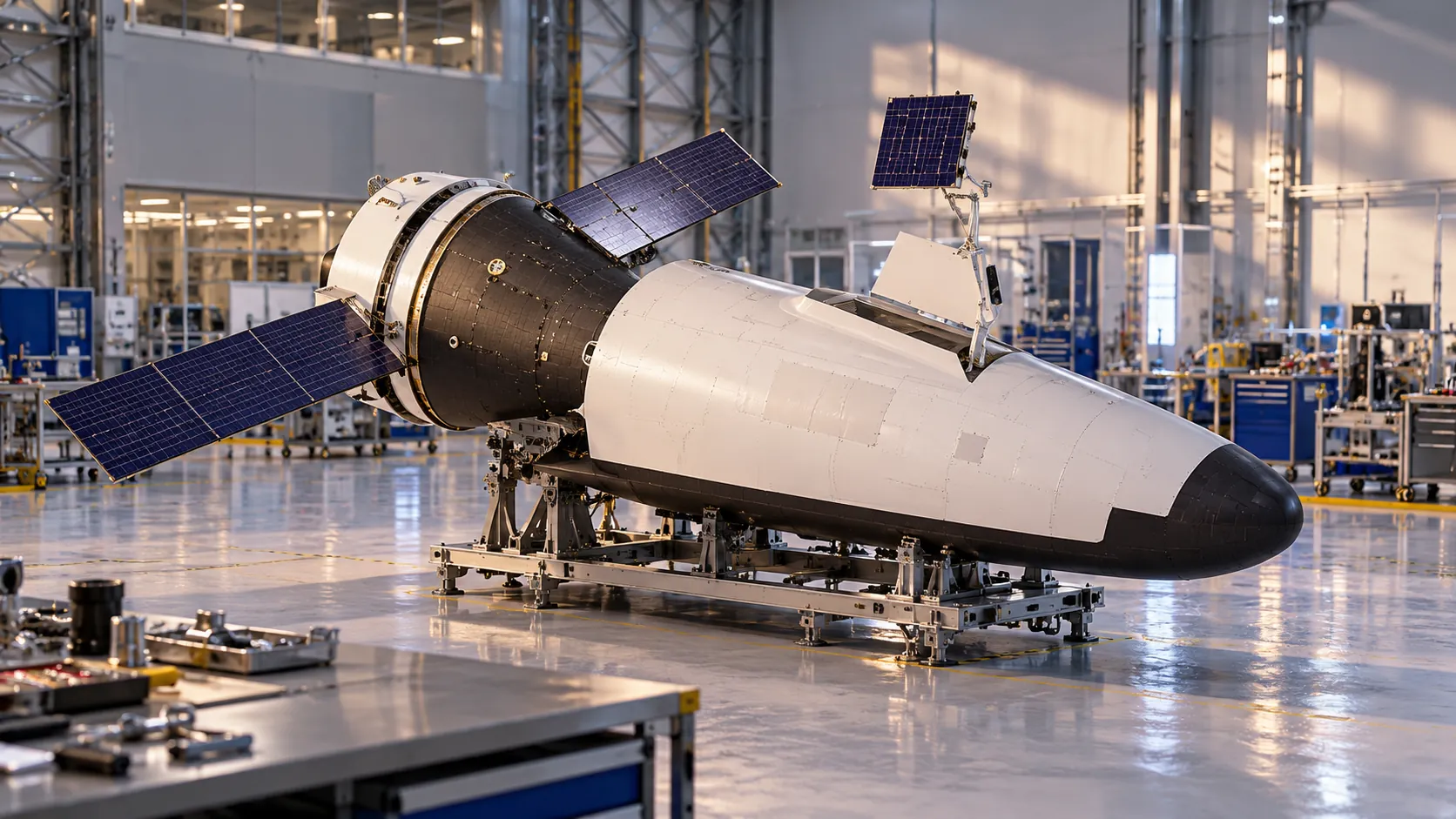 A full-scale reusable spaceplane test model with a service module and solar panels on a metal stand in a clean engineering hall, tools on a nearby bench and no people