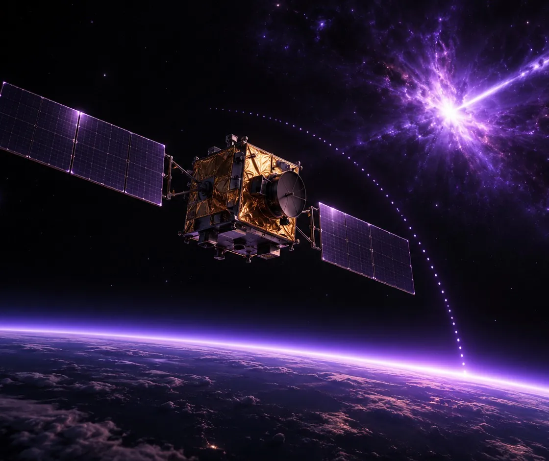 A small gold-foiled observatory satellite in orbit above Earth's glowing horizon, with a bright purple burst of light far behind it and a dotted line curving down toward the atmosphere