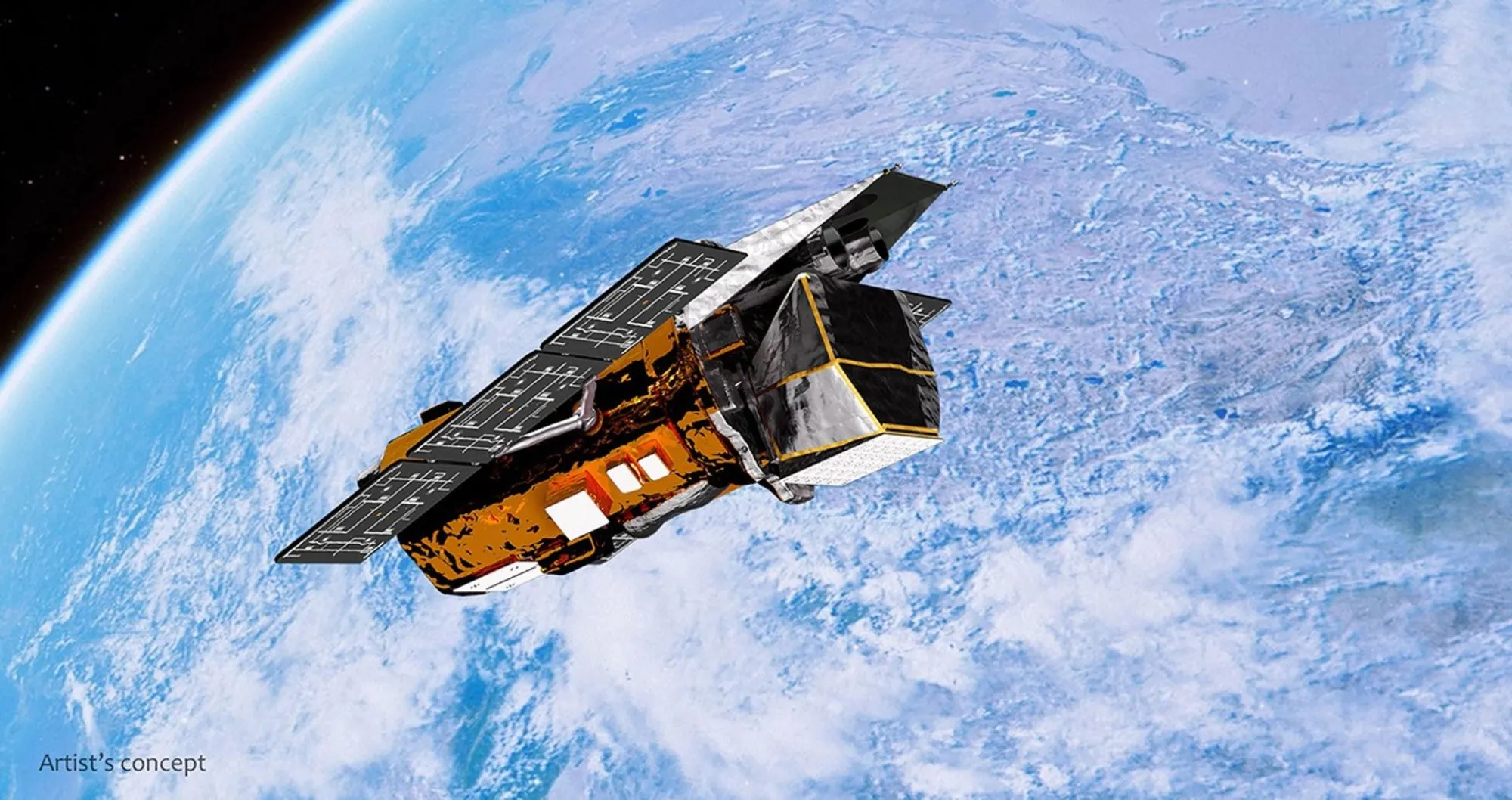 Artist's concept of the Swift observatory orbiting above Earth's cloud tops, with gold foil body and dark solar panels