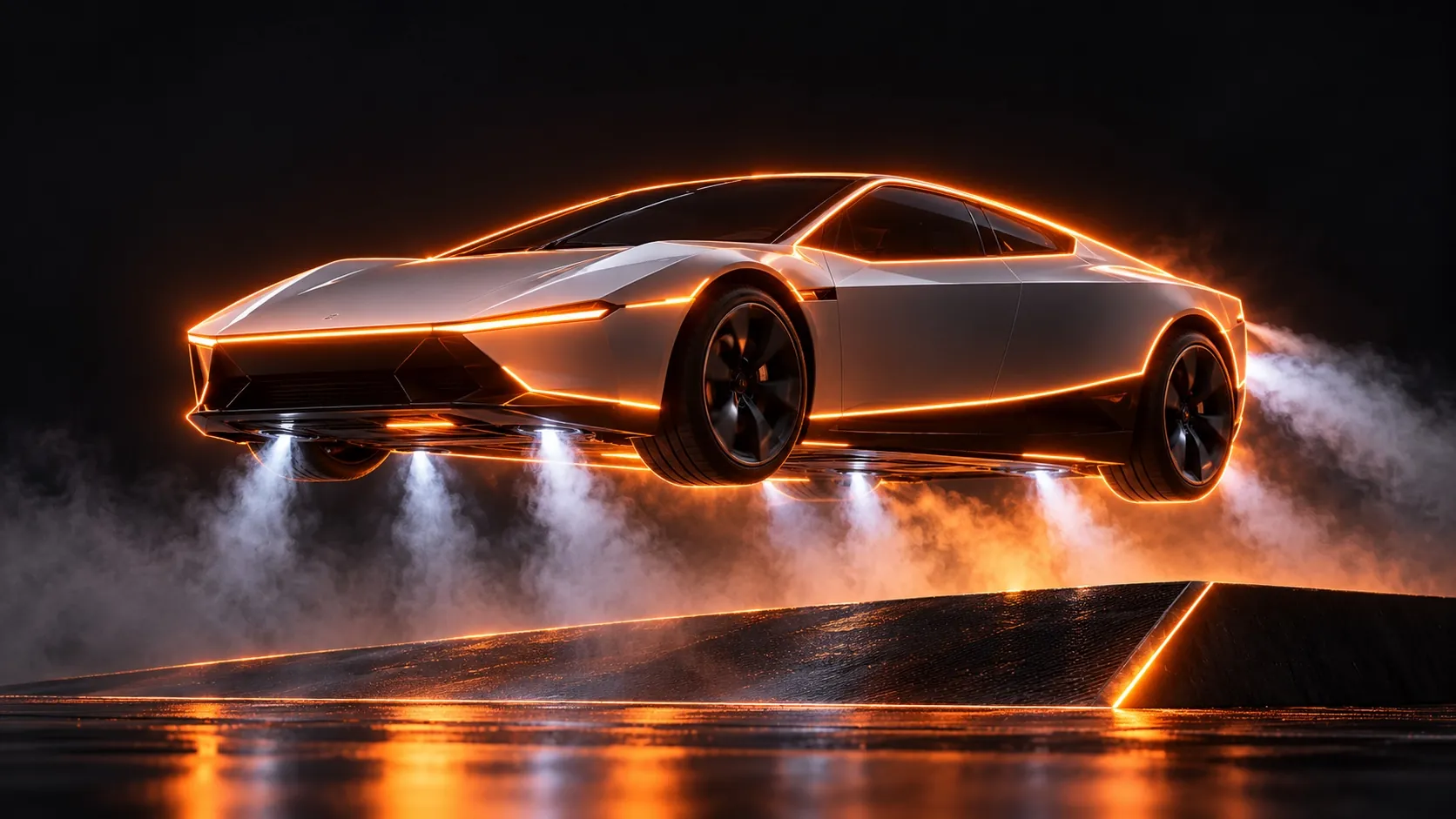 A glowing orange outline of a generic sports coupe in mid-air above a ramp, with jets of vapour under the car