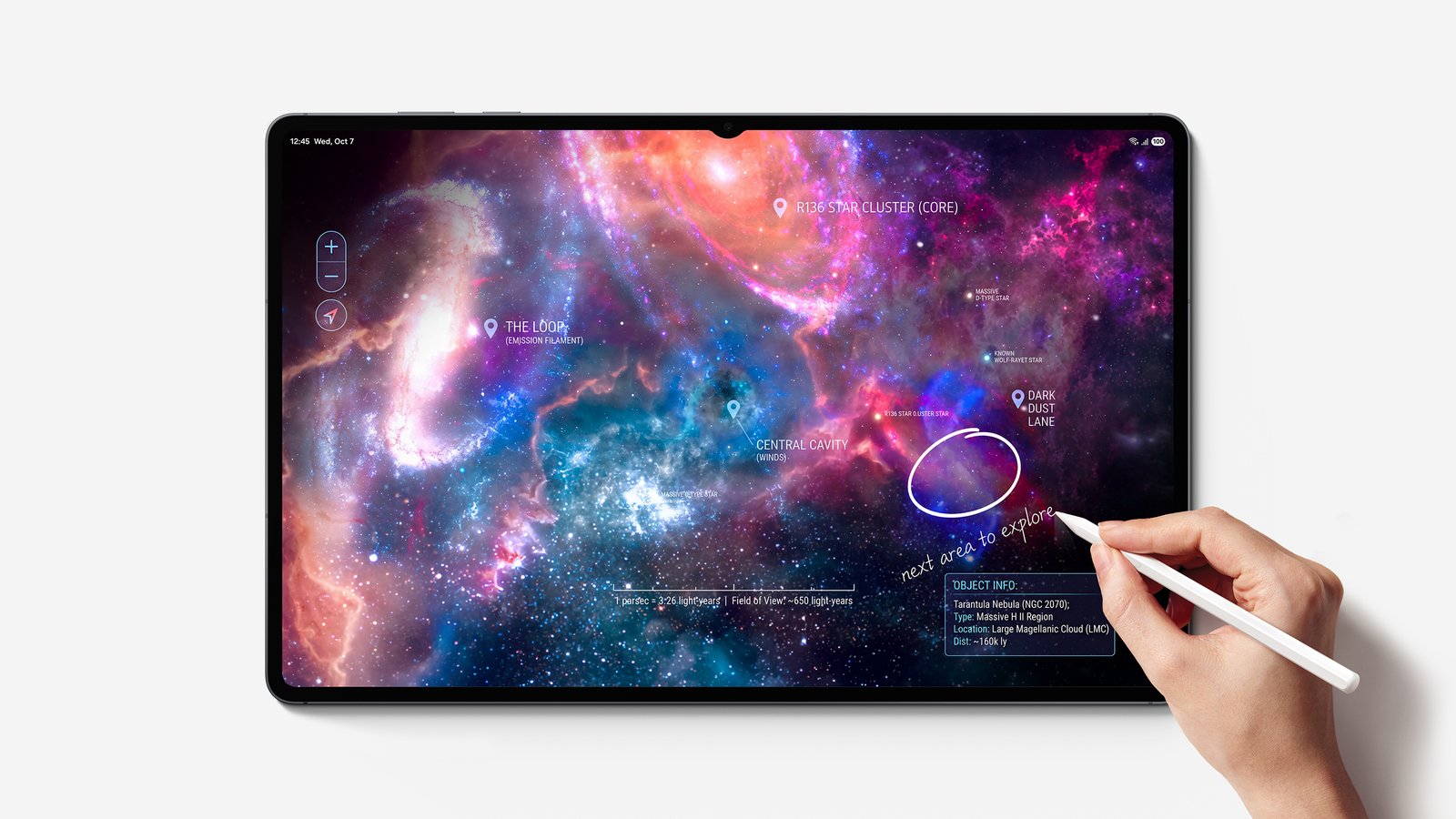 A hand draws on a Galaxy Tab S12 Ultra screen with the S Pen over an image of a nebula